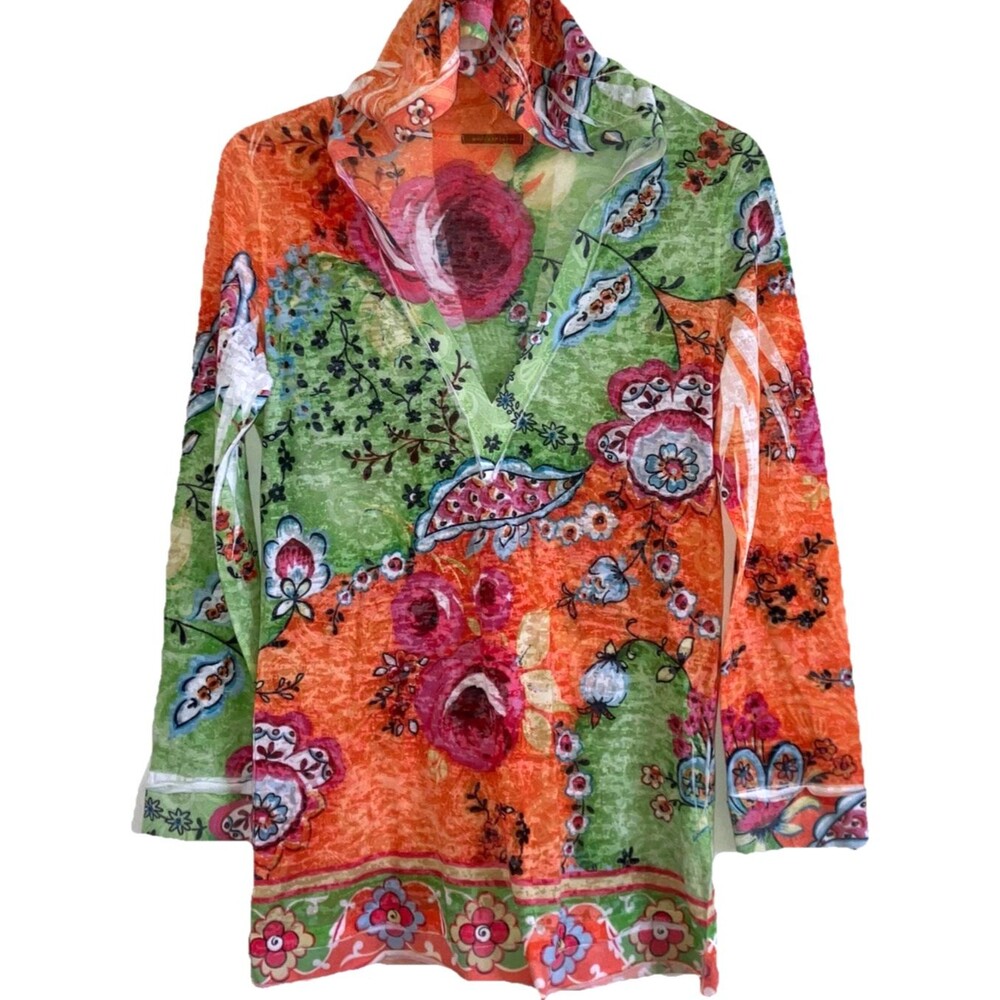 NALLY & MILLIE M / L Colorful Cotton Knit Hooded Tunic Top Pullover Rolled Hem